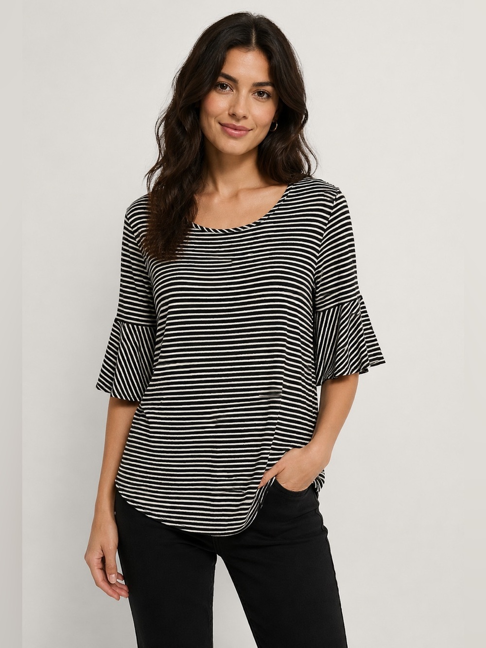 Jones New York Signature Black and White Striped Short Bell SleeveTop Size M
